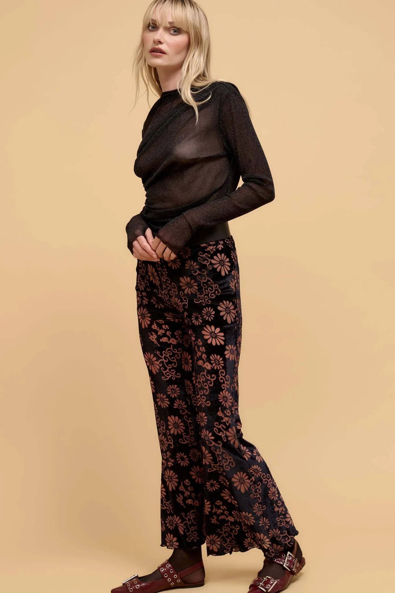 Daisy Delight Floral Burnout Velvet Flare Pants