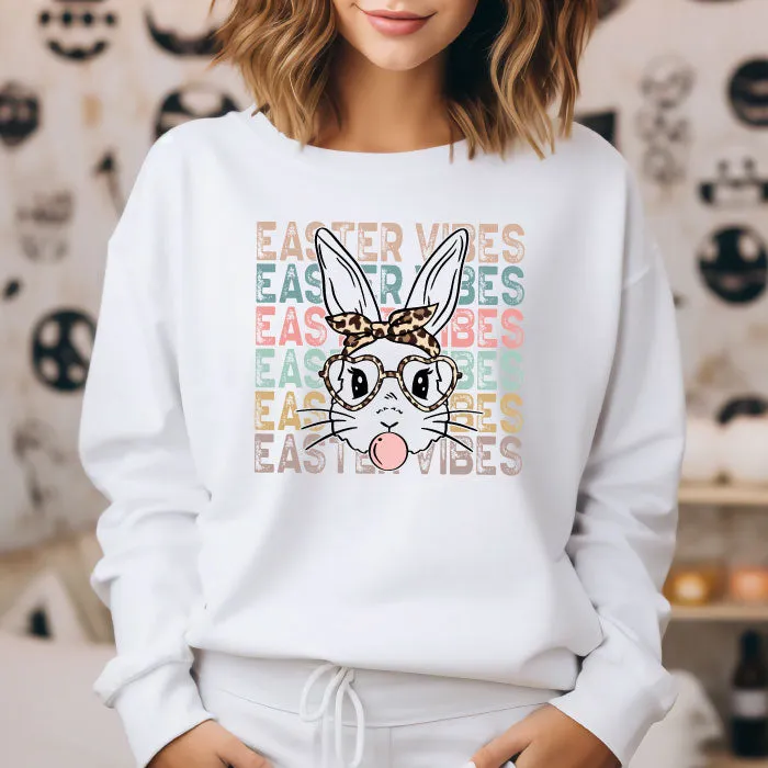 Easter Vibes Bunny with Glasses White Crewneck Sweatshirt