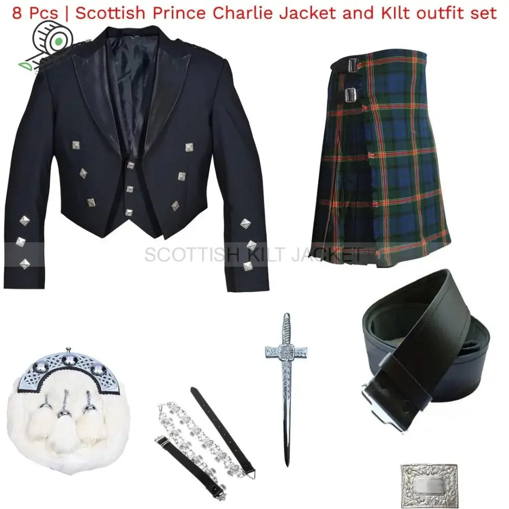 Eight-Piece Scottish Prince Charlie Jacket, Vest, and Kilt Set