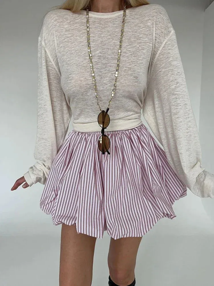 Elastic Waist Cute Pink Striped Print Mini Skirt High Waisted Bubble Skirts for Woman Trending 2024 C96-BH14