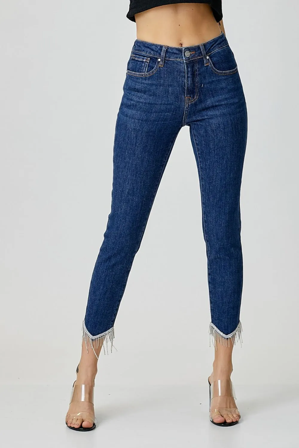 Embellished Mid Rise Crop Skinny Jeans