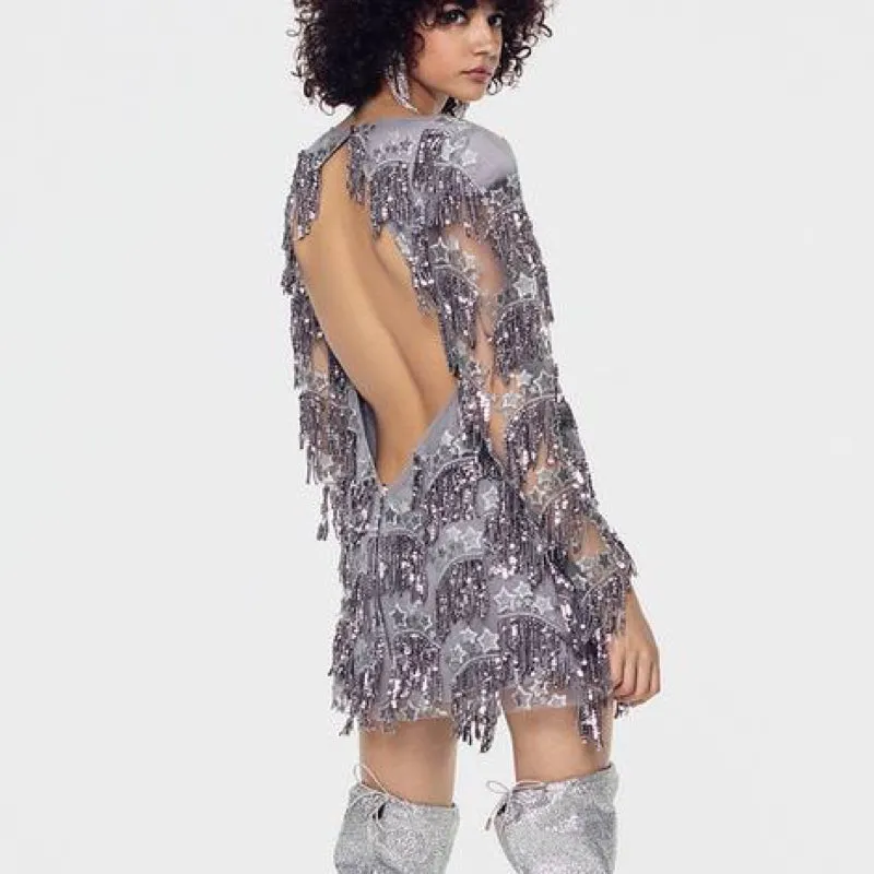 Etoile Sequin Fringe Dress Gris - M