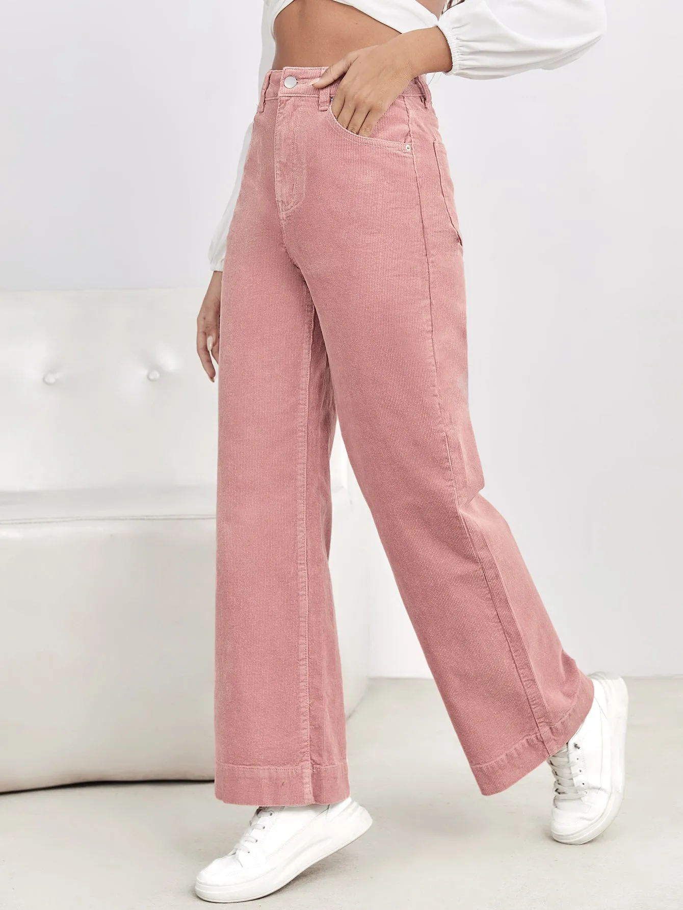 EZwear High Waist Slant Pocket Cord Pants