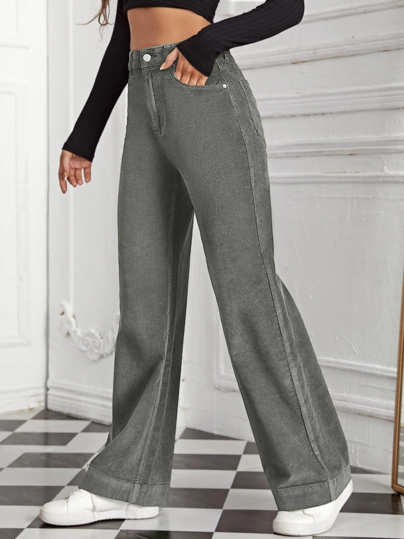 EZwear High Waist Slant Pocket Cord Pants