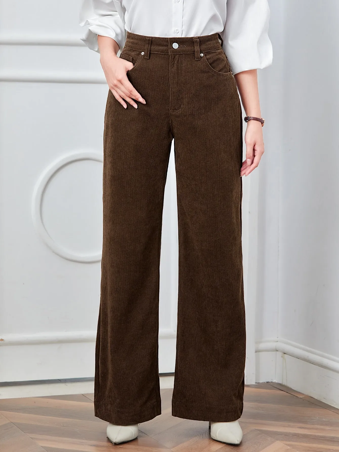 EZwear High Waist Slant Pocket Cord Pants