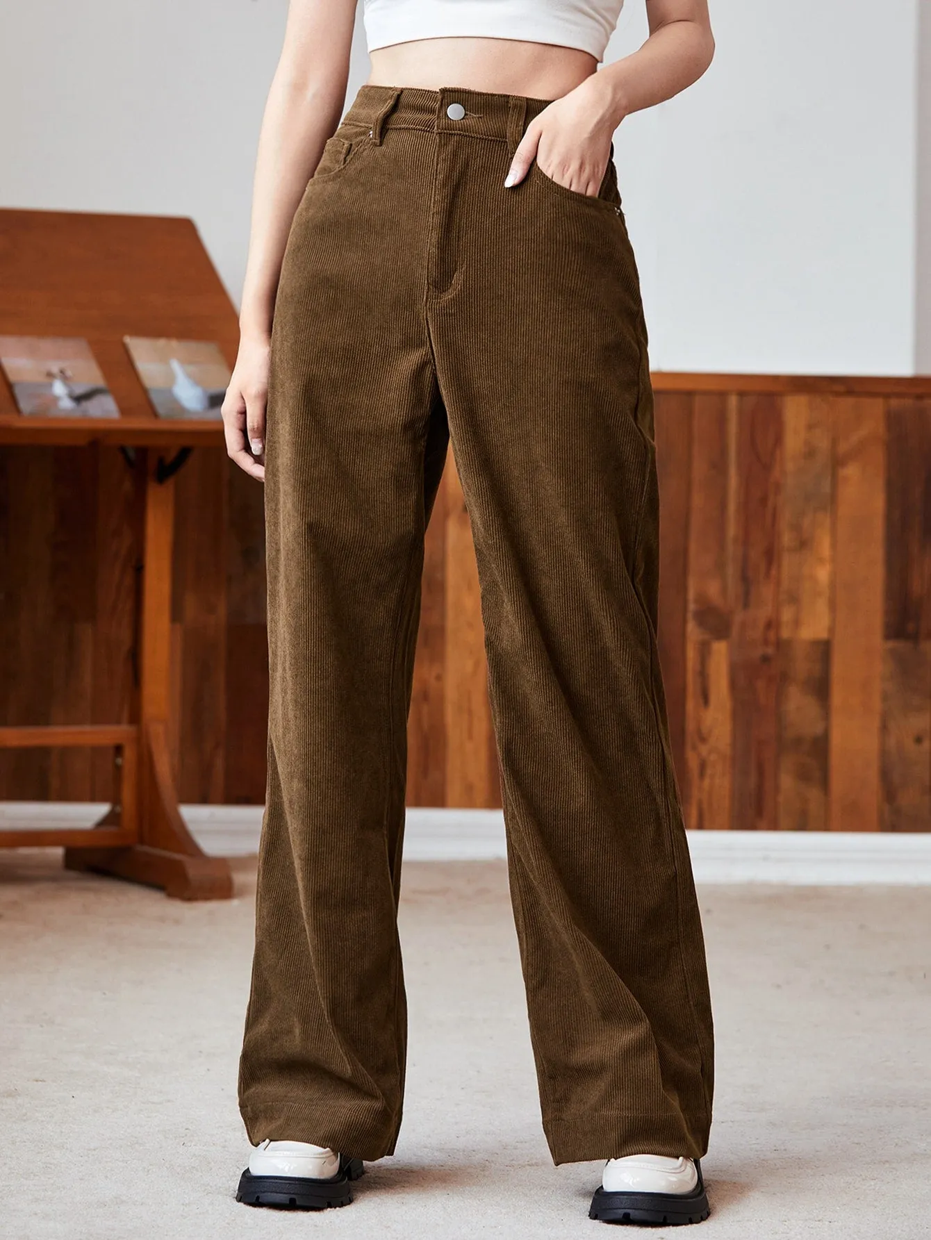 EZwear High Waist Slant Pocket Cord Pants