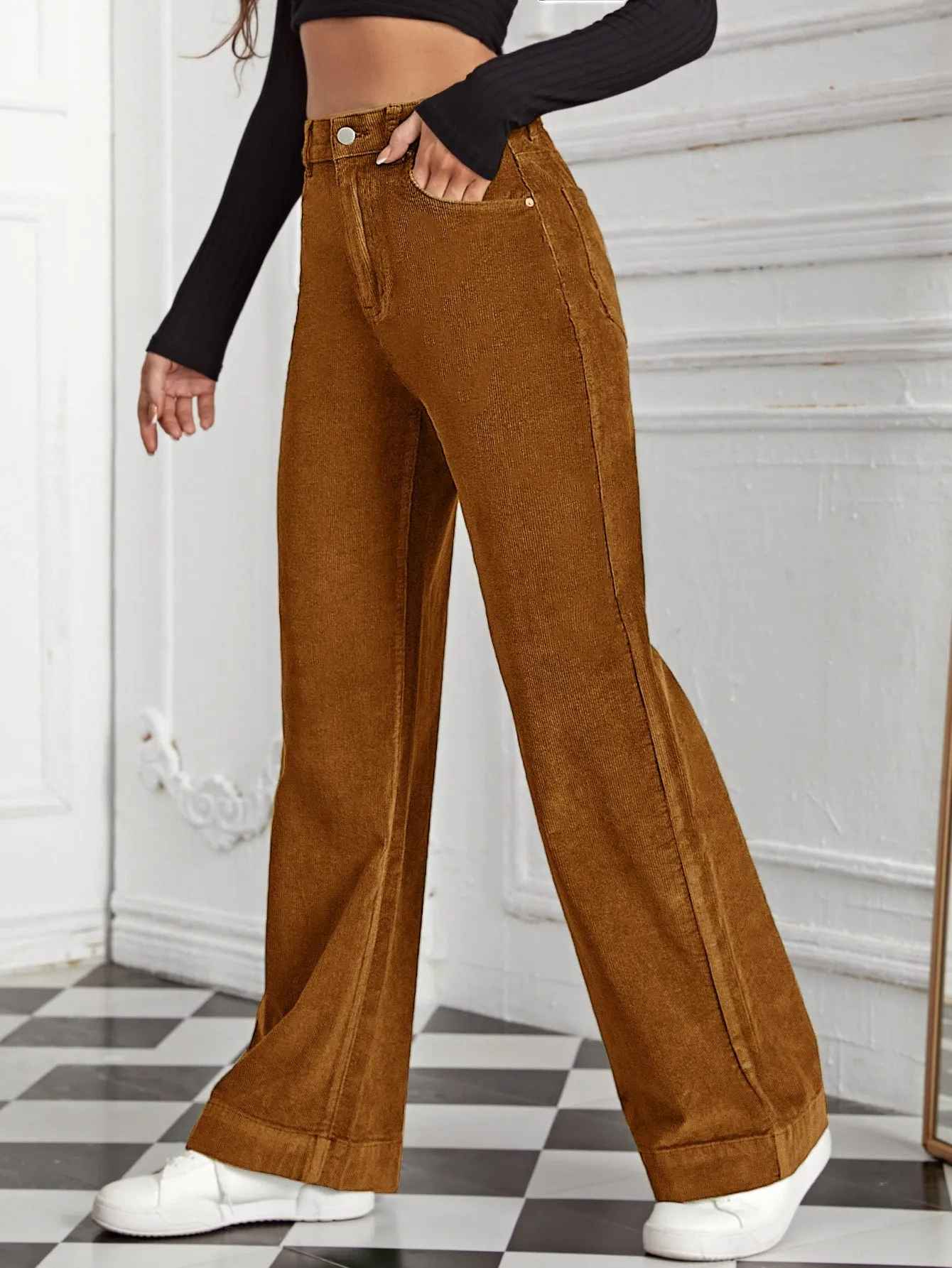 EZwear High Waist Slant Pocket Cord Pants