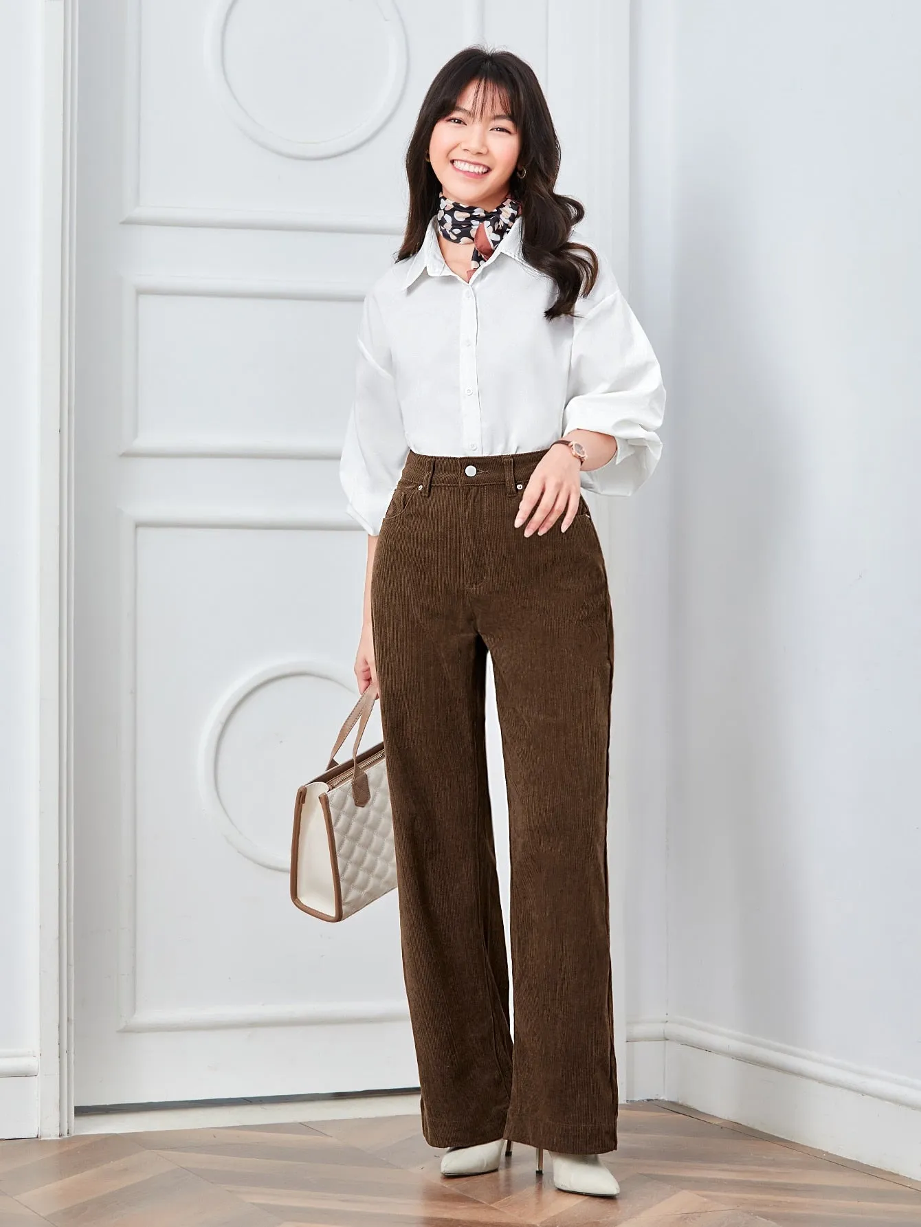 EZwear High Waist Slant Pocket Cord Pants