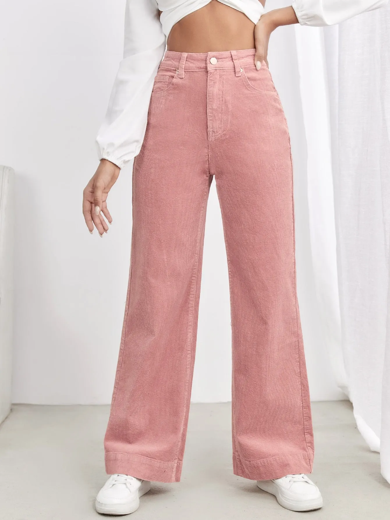 EZwear High Waist Slant Pocket Cord Pants