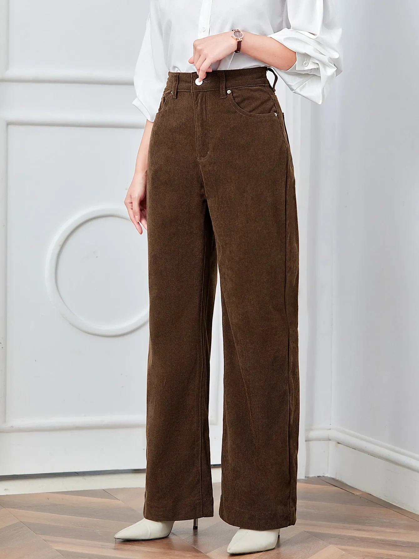 EZwear High Waist Slant Pocket Cord Pants