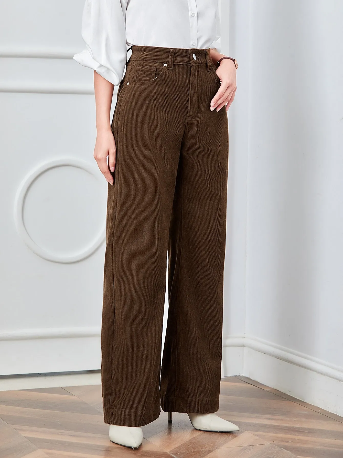 EZwear High Waist Slant Pocket Cord Pants