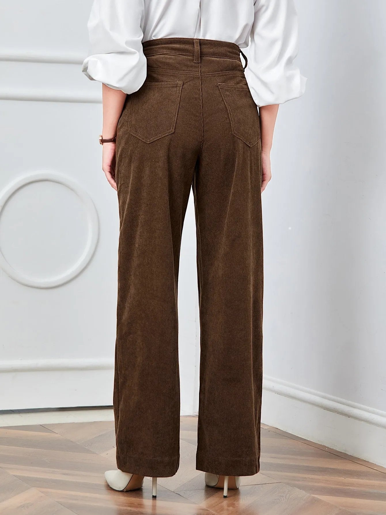 EZwear High Waist Slant Pocket Cord Pants