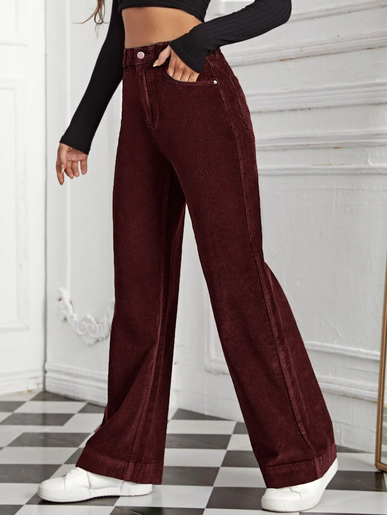 EZwear High Waist Slant Pocket Cord Pants