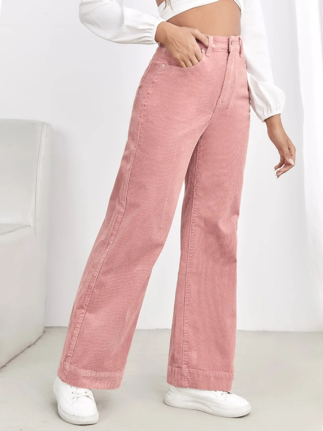 EZwear High Waist Slant Pocket Cord Pants