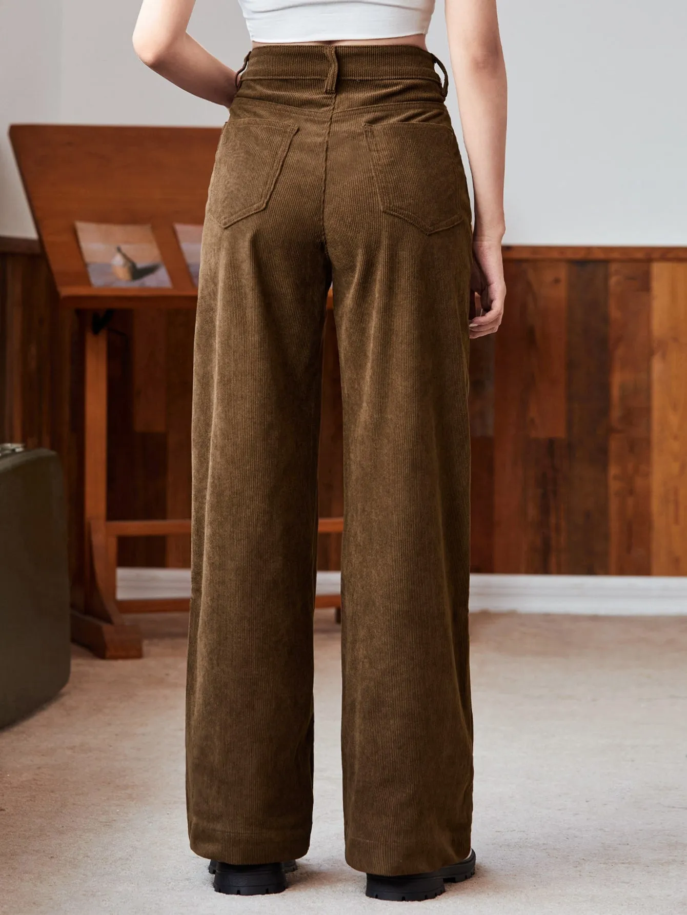 EZwear High Waist Slant Pocket Cord Pants