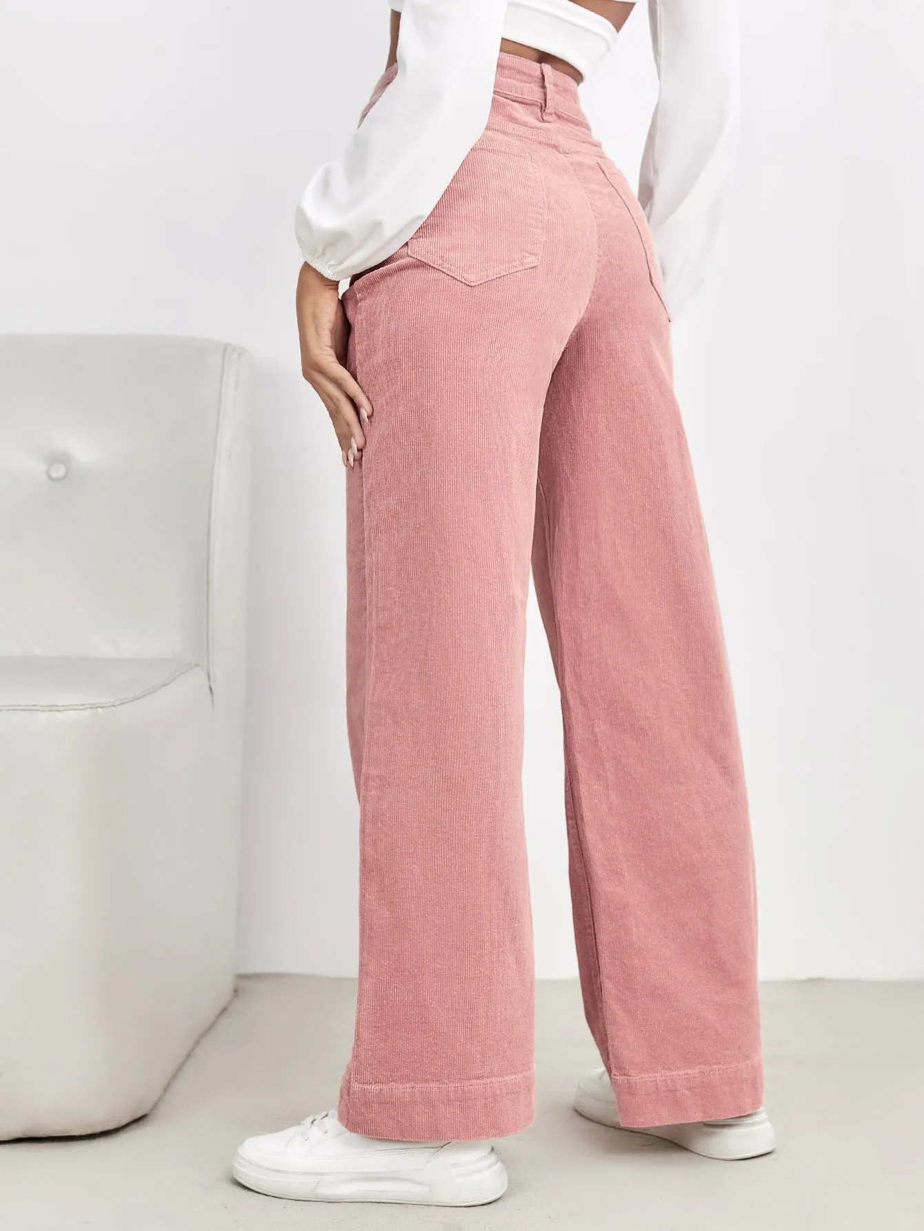 EZwear High Waist Slant Pocket Cord Pants