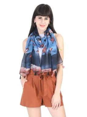 FabSeasons Blue Star Printed Cotton Unisex Scarf