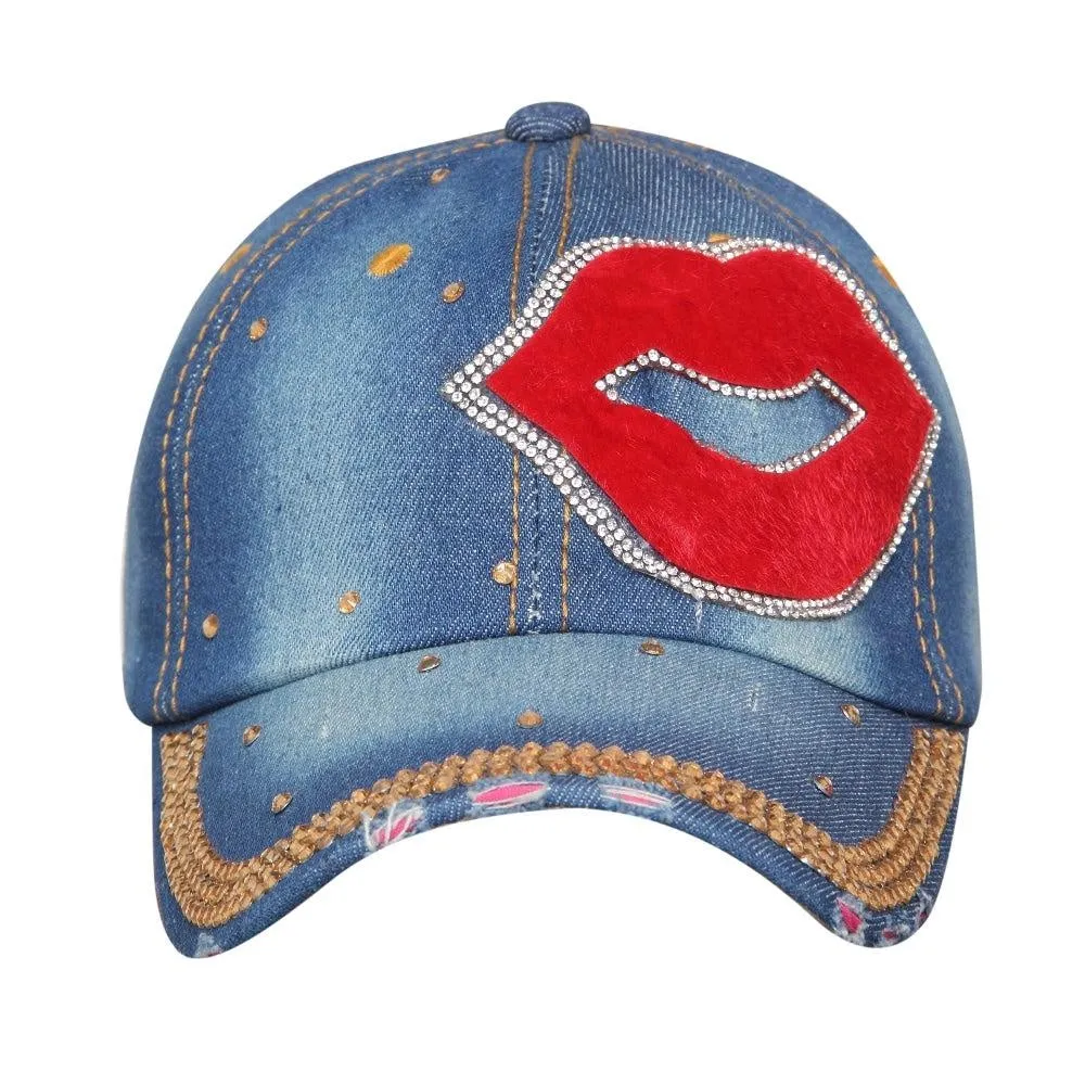 Fabseasons Medium Blue LOVE Studded Cap for Women and Girls, Adjustable strap