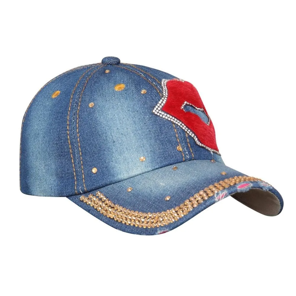 Fabseasons Medium Blue LOVE Studded Cap for Women and Girls, Adjustable strap