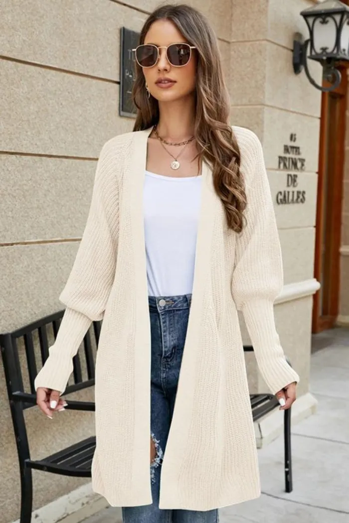 Fitted Rib Cuff Open Front Knit Cardigan