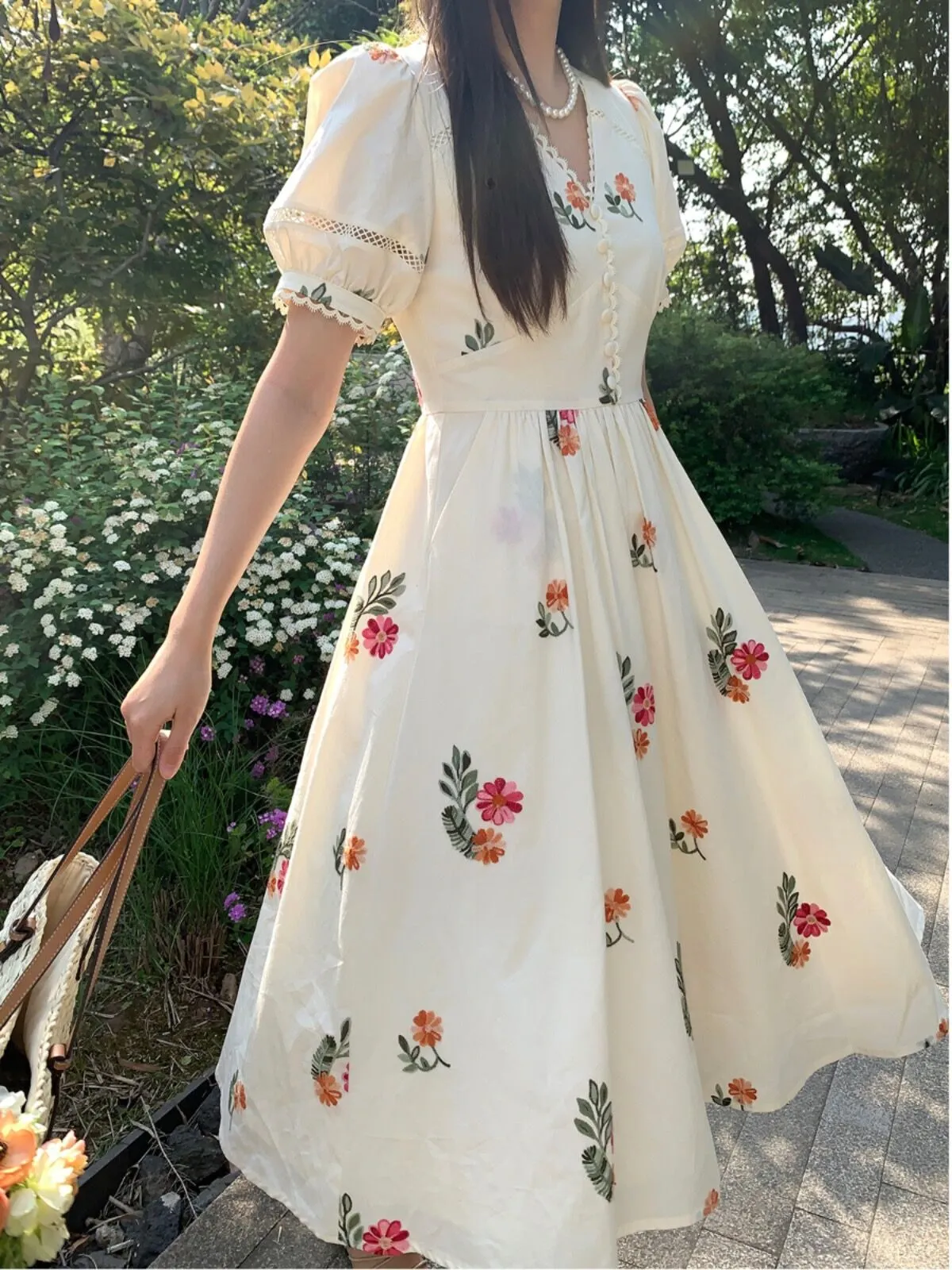 Flora French V neck Summer Tea Length  Swing Dress