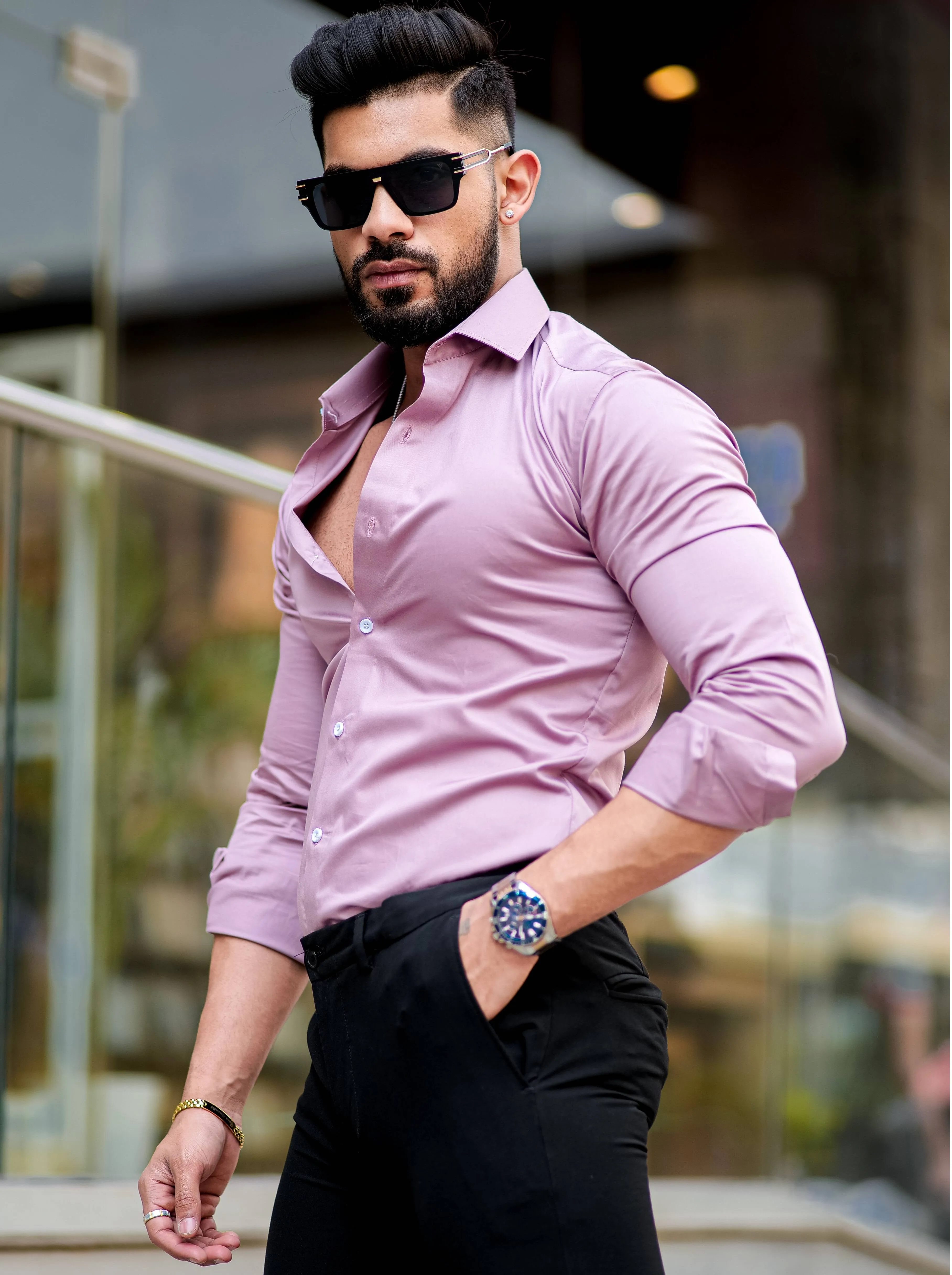 Formy Mountbatten Pink Luxury Formal Satin Cotton Shirt For Men's