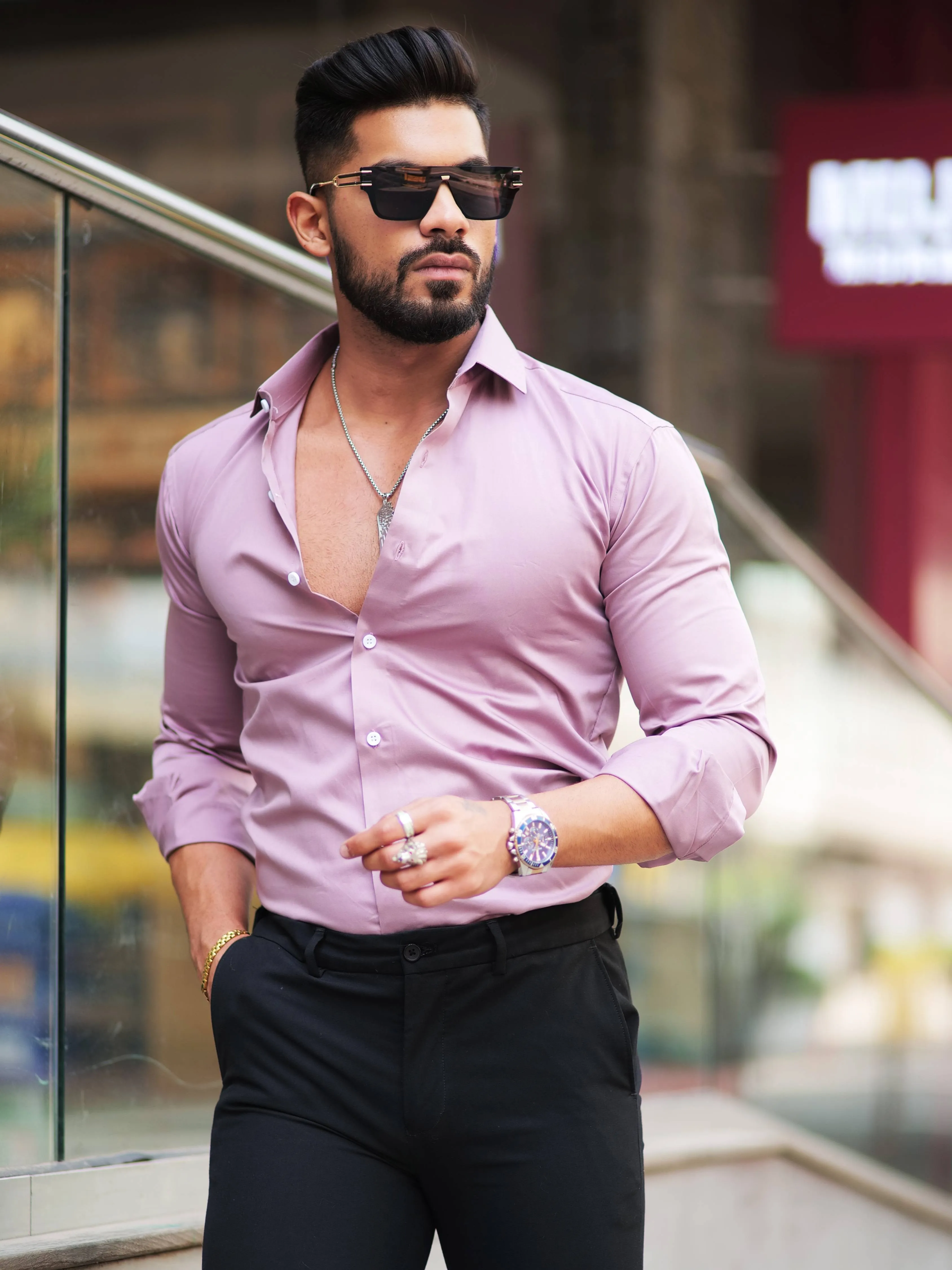 Formy Mountbatten Pink Luxury Formal Satin Cotton Shirt For Men's