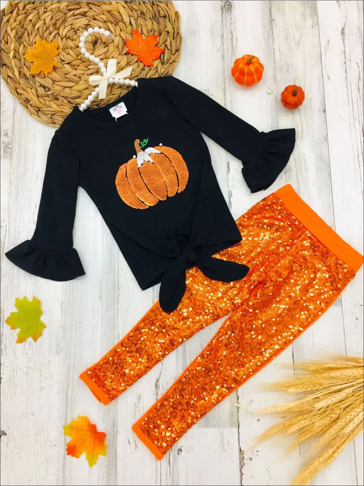 Girls Sequin Pumpkin Applique Long Ruffled Sleeve Knot Top And Sequin Legging Set