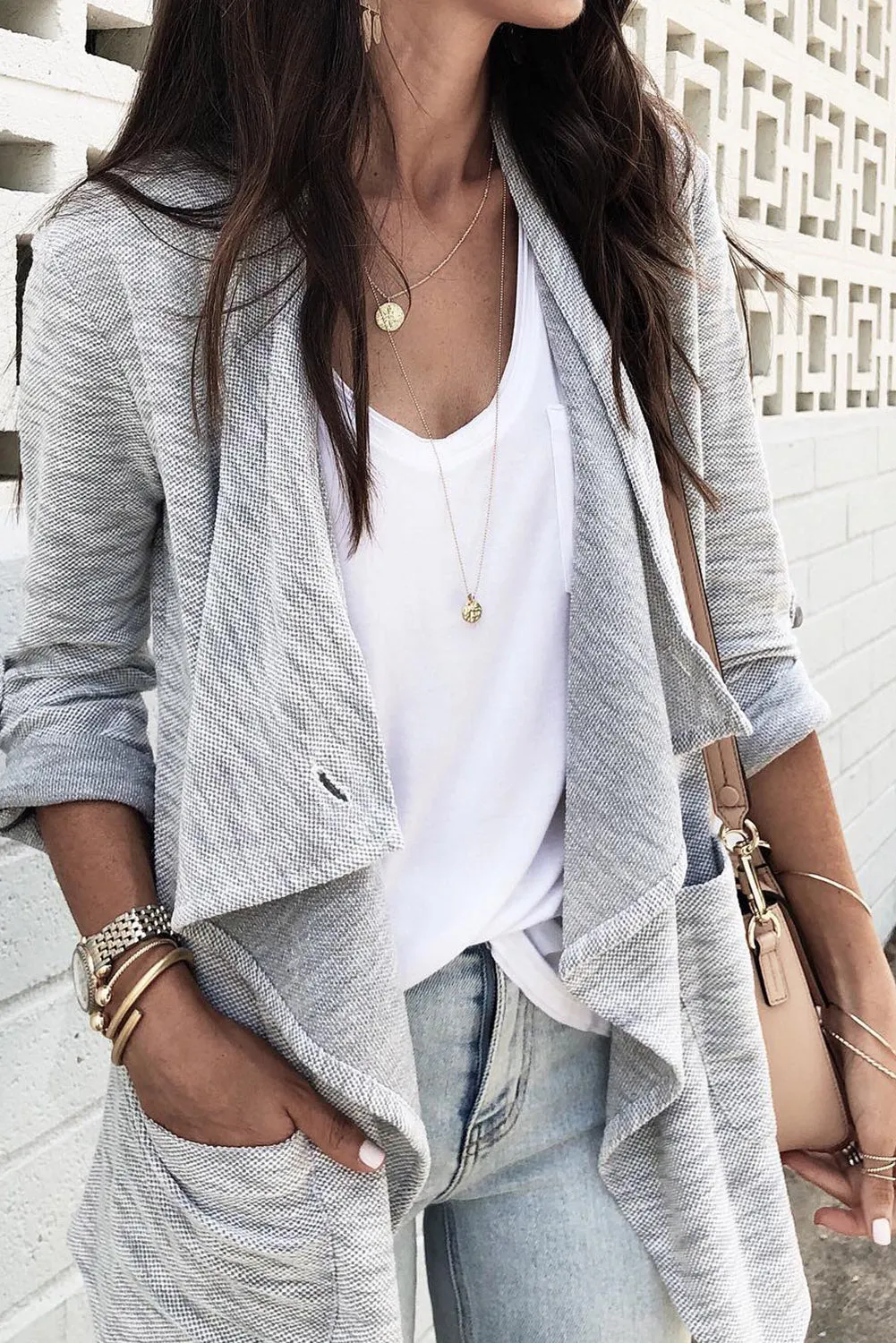 Gray Drape Front Knit Jacket