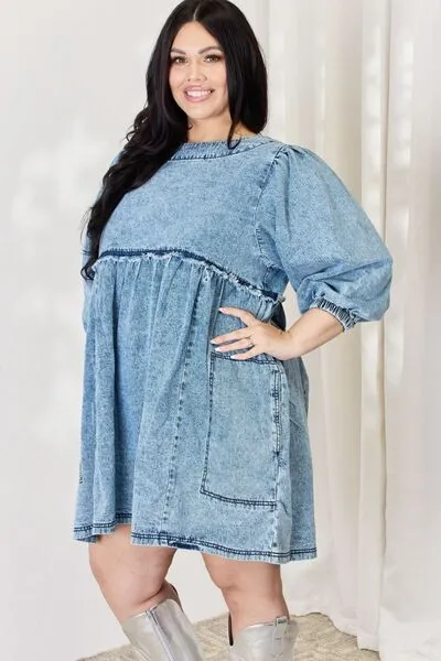 HEYSON Oversized Relaxed Fit Blue Denim Babydoll Dress