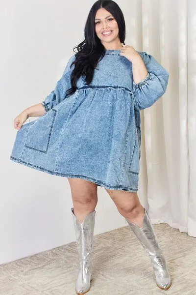 HEYSON Oversized Relaxed Fit Blue Denim Babydoll Dress