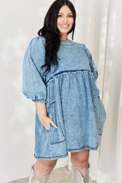 HEYSON Oversized Relaxed Fit Blue Denim Babydoll Dress