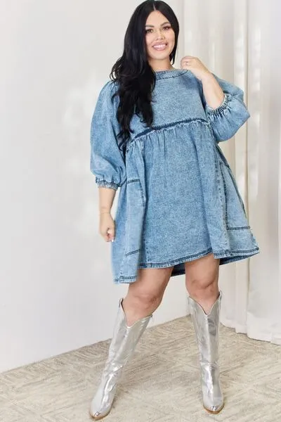 HEYSON Oversized Relaxed Fit Blue Denim Babydoll Dress