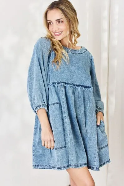 HEYSON Oversized Relaxed Fit Blue Denim Babydoll Dress