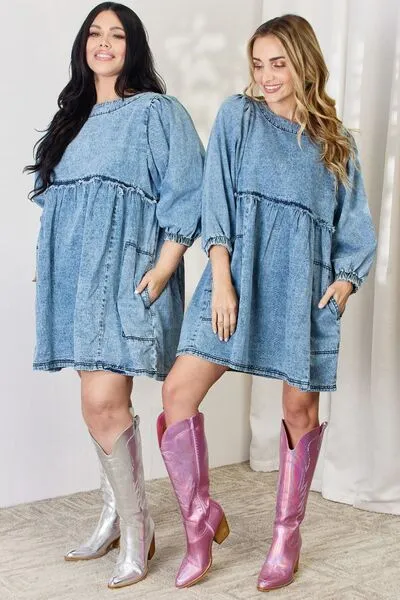 HEYSON Oversized Relaxed Fit Blue Denim Babydoll Dress