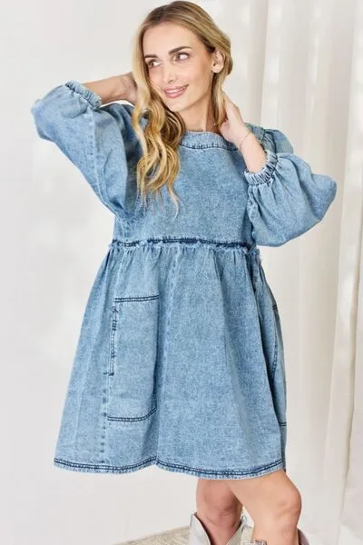 HEYSON Oversized Relaxed Fit Blue Denim Babydoll Dress