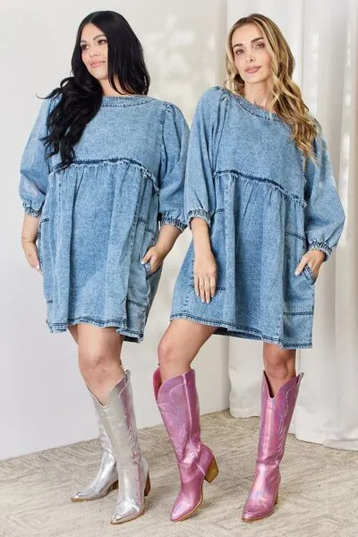 HEYSON Oversized Relaxed Fit Blue Denim Babydoll Dress