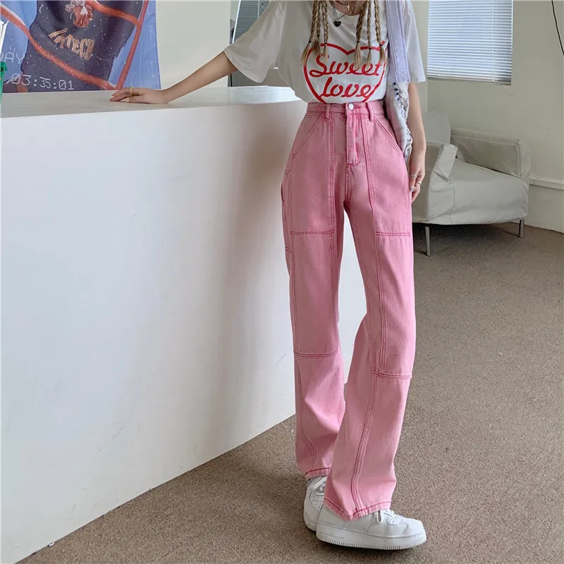 High Waist Hot Pastel Line Pink Long Pants Jeans