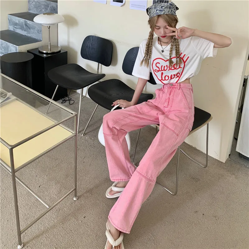 High Waist Hot Pastel Line Pink Long Pants Jeans