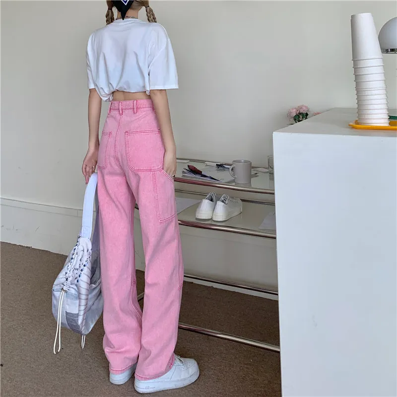 High Waist Hot Pastel Line Pink Long Pants Jeans