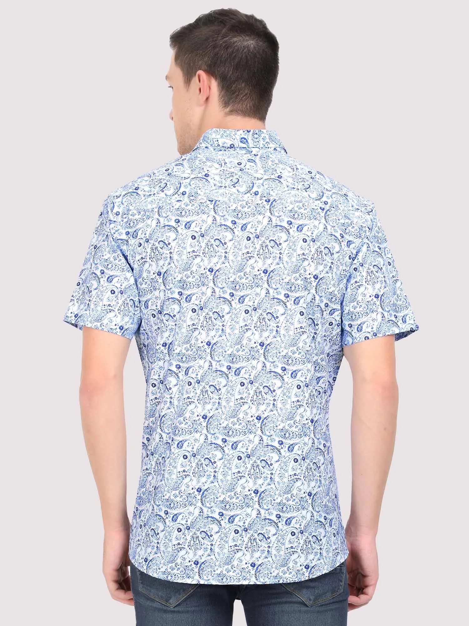 Indigo Paisley Digital Printed Half Shirt