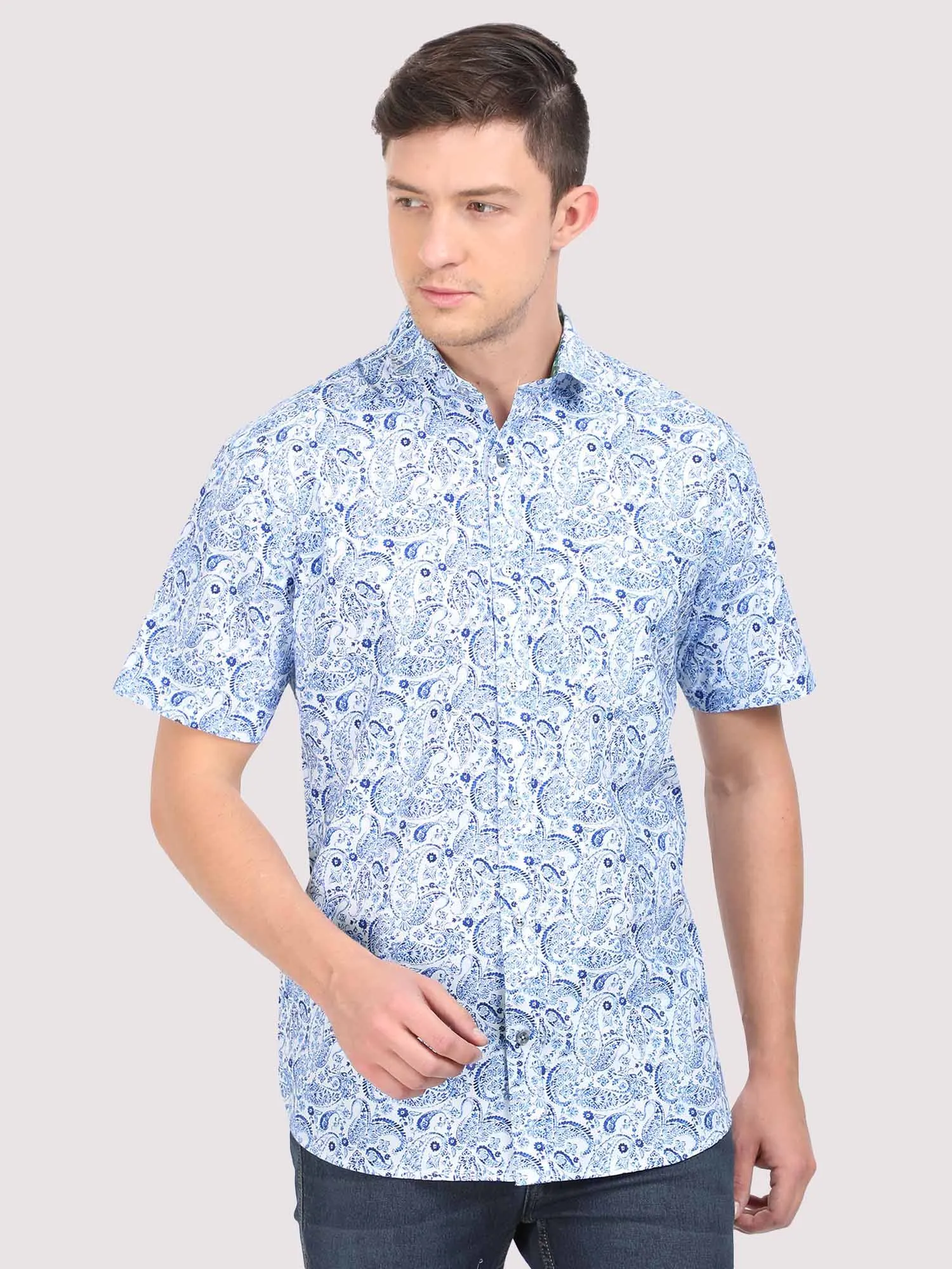 Indigo Paisley Digital Printed Half Shirt