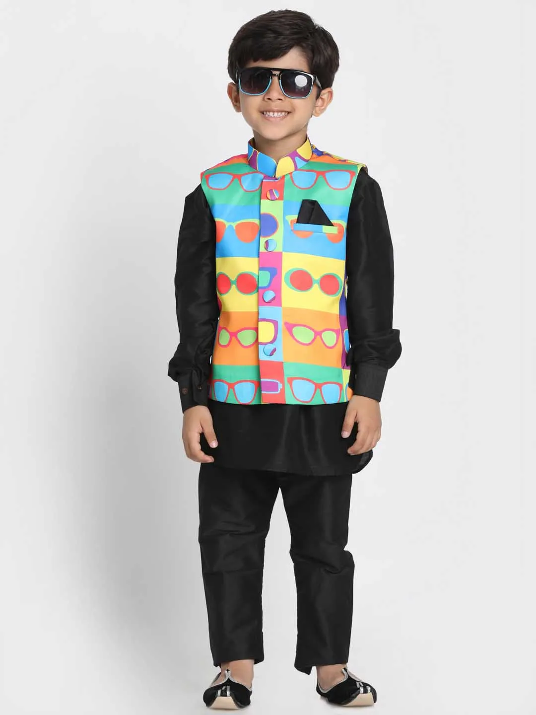 Jashvi Boys' Quirky Sunglass Print Nehru Jacket