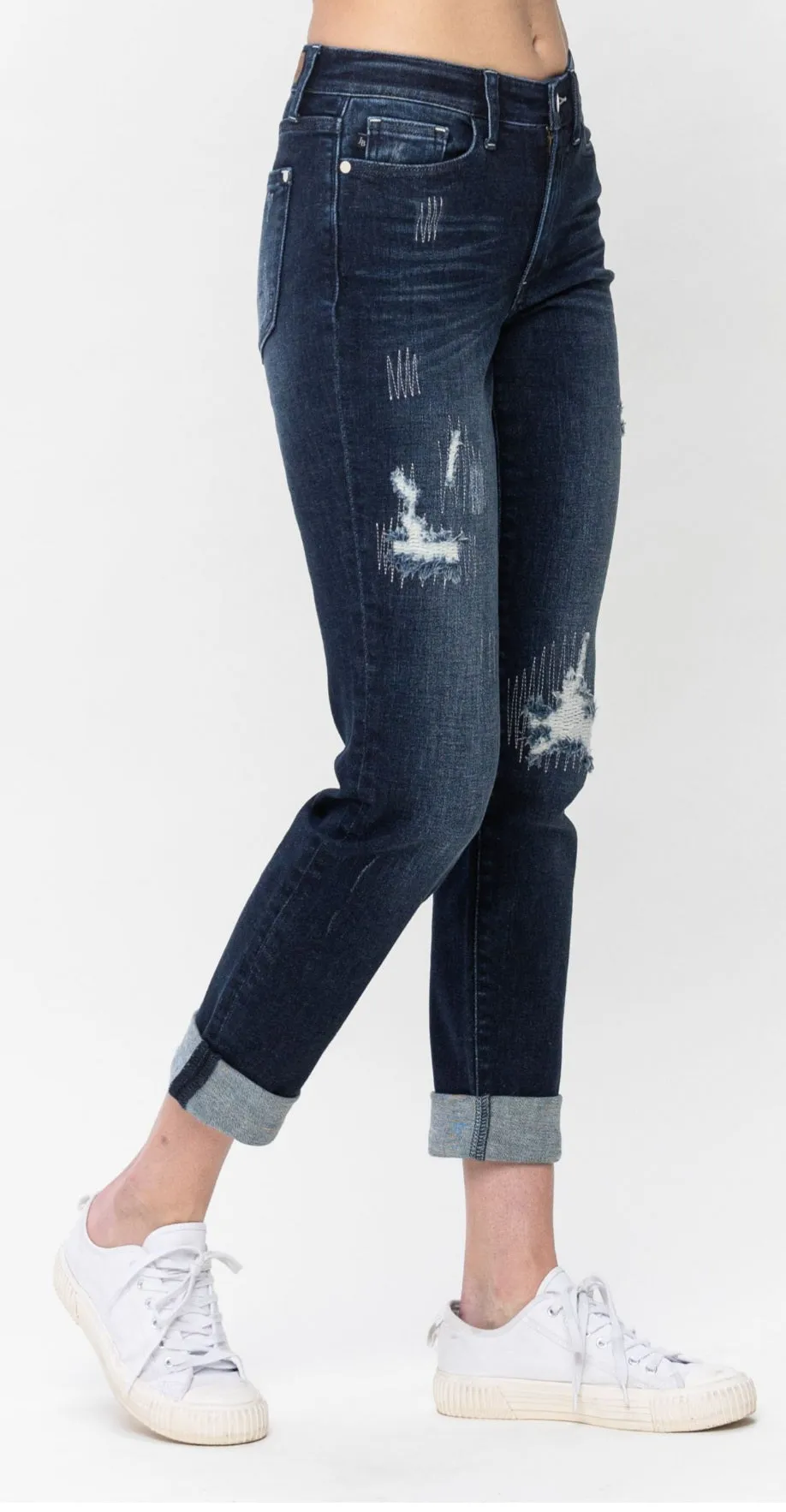 Judy blue midrise stitched destroyed and double cuffed jeans