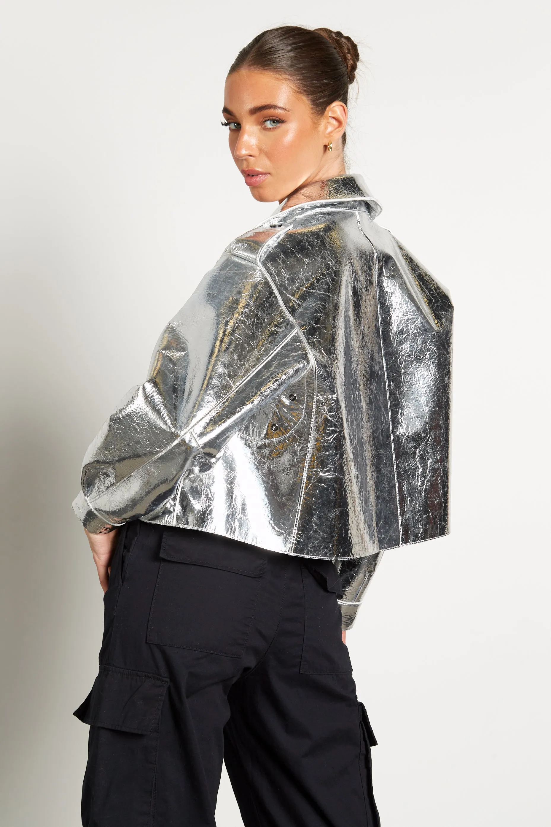 Kara Oversized Metallic Leather Jacket