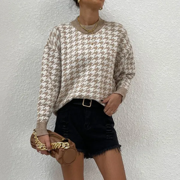 Khaki Houndstooth Pattern Drop Shoulder Sweater