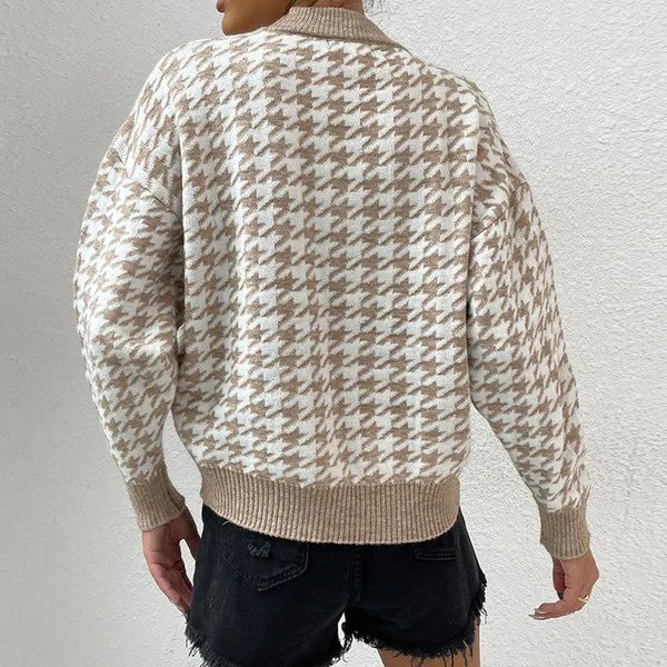 Khaki Houndstooth Pattern Drop Shoulder Sweater