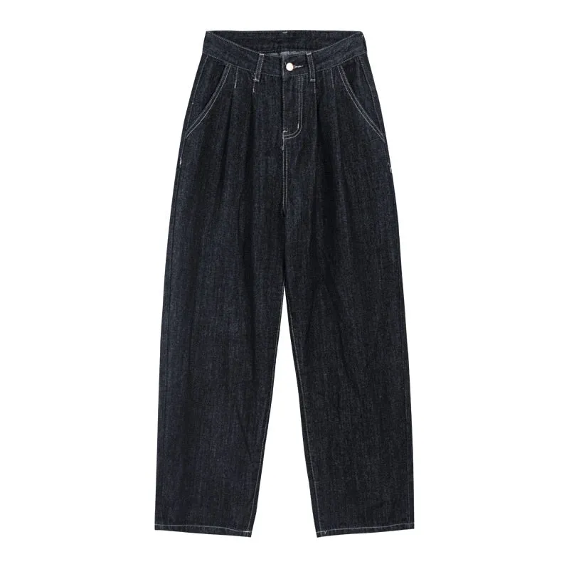 [Korean Style] Dark Washed High Rise Balloon Straight Jeans