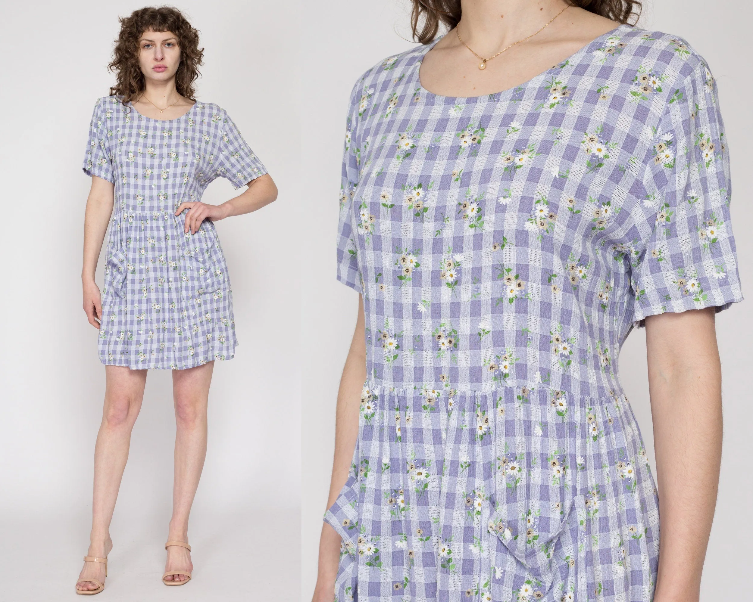 Large 90s Purple Gingham Floral Babydoll Dress