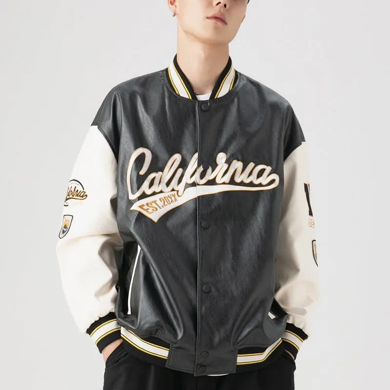 LEMAMDIK Leather Baseball Jacket Embroidered